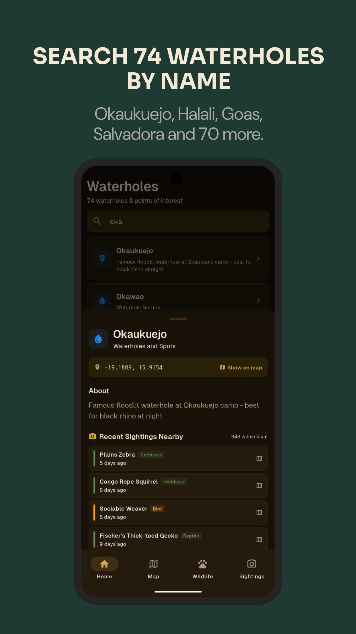 Waterhole search screen